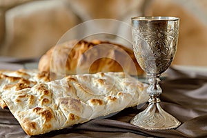 Unleavened bread with silver chalice of wine. Christian communion concept for reminder of Jesus sacrifice. Generative AI