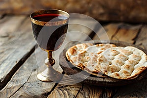 Unleavened bread with silver chalice of wine. Christian communion concept for reminder of Jesus sacrifice. Generative AI