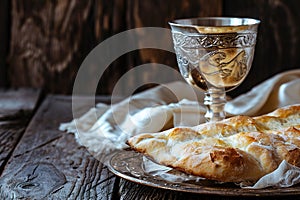 Unleavened bread with silver chalice of wine. Christian communion concept for reminder of Jesus sacrifice. Generative AI