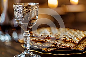 Unleavened bread with silver chalice of wine. Christian communion concept for reminder of Jesus sacrifice. Generative AI.