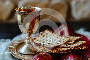 Unleavened bread with silver chalice of wine. Christian communion concept for reminder of Jesus sacrifice. Generative AI.