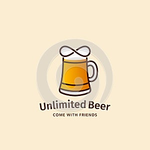 Unlimited Beer Abstract Vector Sign, Emblem or Logo Template. Mug Silhouette with Infinity Symbol. Good for Bars, Pubs