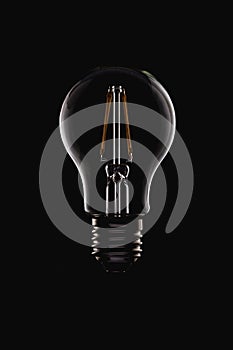 Unlit LED filament round light bulb on black photo