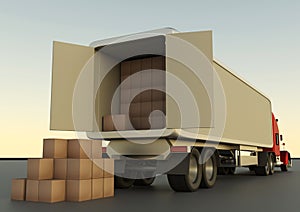 Unloading cardboard boxes from a truck. Freight transportation,