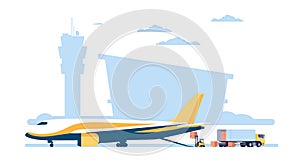 Unloading cargo plane at airport. Freight airplane loading. Aircraft or truck transportation. Logistics service