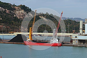 Unloading of dry cargo ship on sea mooring. Barcelona, Spain