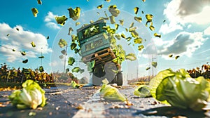 During unloading, forklifts mishandle crates of Peking cabbage, causing them to spill onto the asphalt, resulting in photo