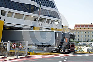 Unloading passengers and vehicles from ferry boat Corsica Express