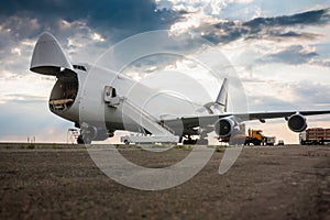 Unloading widebody cargo airplane