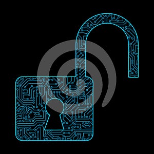 Unlock icon for protecting password with circuit board pattern texture on black background in digital data code and security