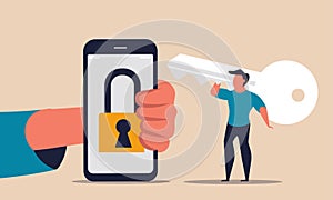 Unlock internet with key on phone and confidential secret blocked. Private finance data and guard vector illustration concept.