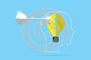 Unlock lightbulb master key with head outline, idea and business concept