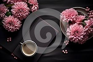 Productive Day Essentials Flat-Lay with Planner, Coffee, and Pink Flowers on Dark Background. Generative Ai