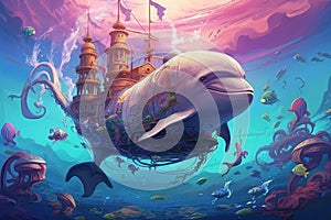 Unlock the secrets of the sea, where playful dolphins and wise whales navigate a world that transcends reality, drenched in