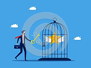 Unlock success in work. Businessman uses a key to release the stars in the cage.