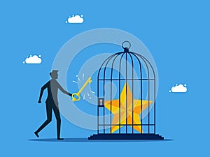 Unlock success in work. man uses a key to release the stars in the cage. business concept