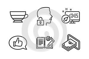 Unlock system, Engineering documentation and Americano icons set. Feedback, Web system and Cash signs. Vector