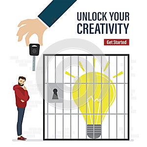 Unlock your creativity, landing page template. Light bulb in prison room. Lack of ideas, businessman thinks about key to prison