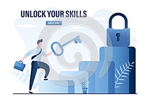 Unlock your skills, landing page template. Businessman with big key, padlock on top. Male employee climb corporate career ladder