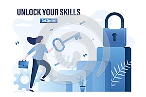 Unlock your skills, landing page template. Businesswoman with big key, padlock on top. Female employee climb corporate career