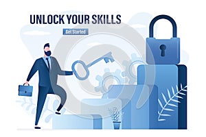 Unlock your skills, landing page template. Handsome businessman with big key, padlock on top. Male employee climb corporate career