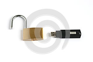 Unlocked open padlock with usb memory stick