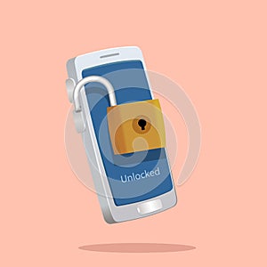 Unlocked padlock in fornt of smartphone vector illustration