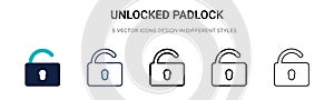 Unlocked padlock icon in filled, thin line, outline and stroke style. Vector illustration of two colored and black unlocked