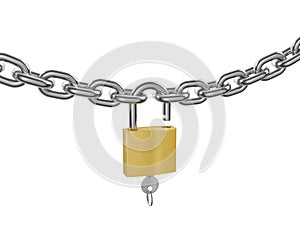 Unlocked padlock with key on the chrome chain