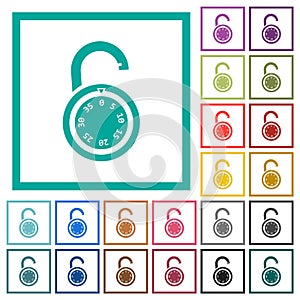 Unlocked round combination lock flat color icons with quadrant frames