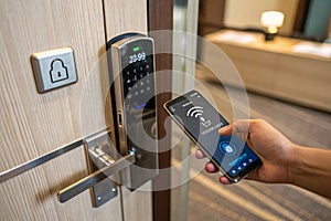 Hotel door security unlocking by mobile app photo