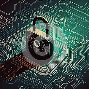 Unlocking Security - Padlock and Key on Digital Circuit Board