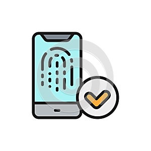 Unlocking the smartphone fingerprint, finger print identification flat color line icon.