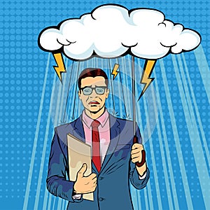 Unlucky businessman standing holding umbrella cloud being wet from raining.