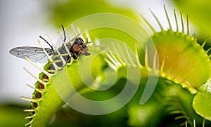 Unlucky common house fly being eaten by a venus fly trap