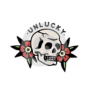 UNLUCKY SKULL FLOWERS TRADITIONAL TATTOO COLOR