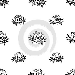 UNLUCKY SKULL FLOWERS TRADITIONAL TATTOO SEAMLESS PATTERN WHITE