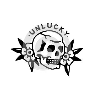 UNLUCKY SKULL FLOWERS TRADITIONAL TATTOO