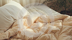 Unmade Bed With Crumpled Peach-Colored Duvet In A Sunny Bedroom. Generative AI