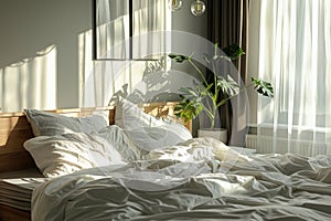 Unmade Bed in Modern Bedroom in Morning