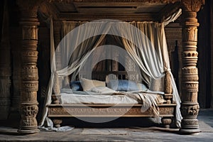 unmade four-poster bed with wooden carved columns