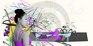 Unmanageable rhythm of life, speed of decision-making. Young girl& x27;s portrait with colorful bright abstract graphics