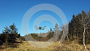 Unmanned aerial vehicle is flyingin mountainous areas. Modern technology . Uav