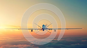 Unmanned Aerial Vehicle UAV Surveying at Sunset. Generative ai