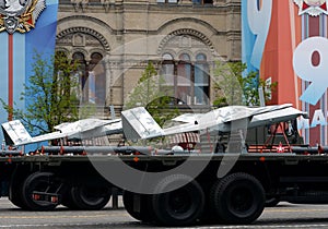 Unmanned aircraft `Corsair` on red square during the rehearsal of the parade dedicated to the 73rd anniversary of the Victory