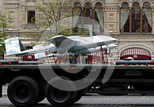 Unmanned aircraft `Corsair` on red square during the rehearsal of the parade dedicated to the 73rd anniversary of the Victory