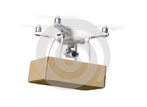 Unmanned Aircraft System UAS Quadcopter Drone Carrying Blank Package On White