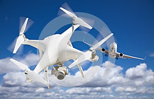 Unmanned Aircraft System UAV Quadcopter Drone In The Air Too C