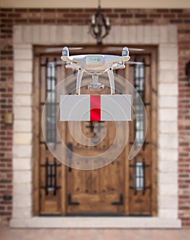 Unmanned Aircraft System UAV Quadcopter Drone Delivering Gift