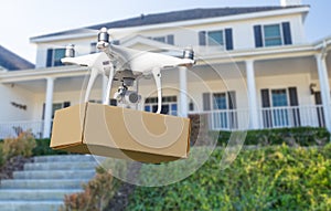 Unmanned Aircraft System UAV Quadcopter Drone Delivering Package To House